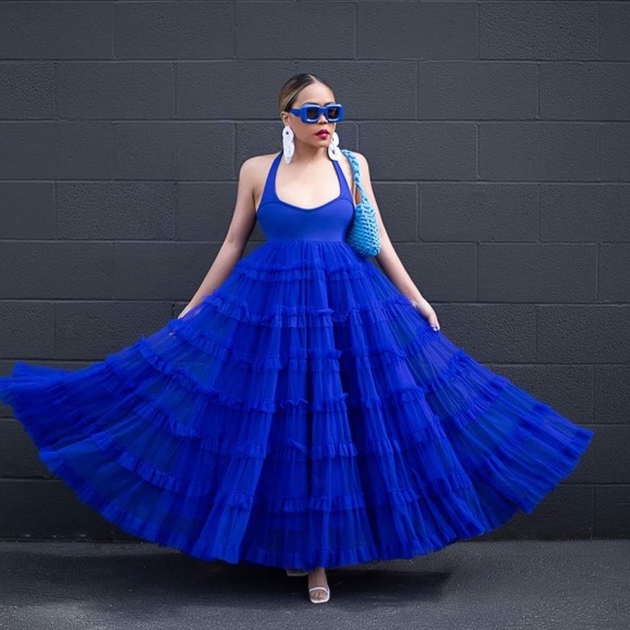 New Anthropologie Let Me Be Tiered Tulle Maxi Dress Blue - Picture 2 of 8